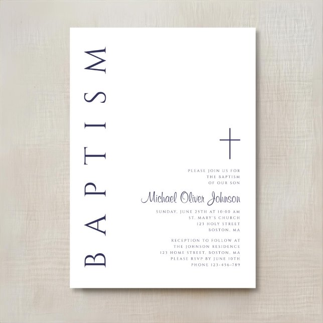 Convite Batismo Elegante em Azul Marinho com Letra Script (Elegant Navy Blue Script Baptism Invitation)
