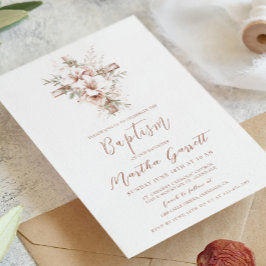 Convite Batismo Elegante Entre A Cruz E A Flor Rosa