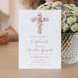 Convite Batismo Elegante Entre A Cruz E A Flor Rosa