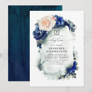 Convite Batismo Elegante Floral de marinho Azul e Pêssego