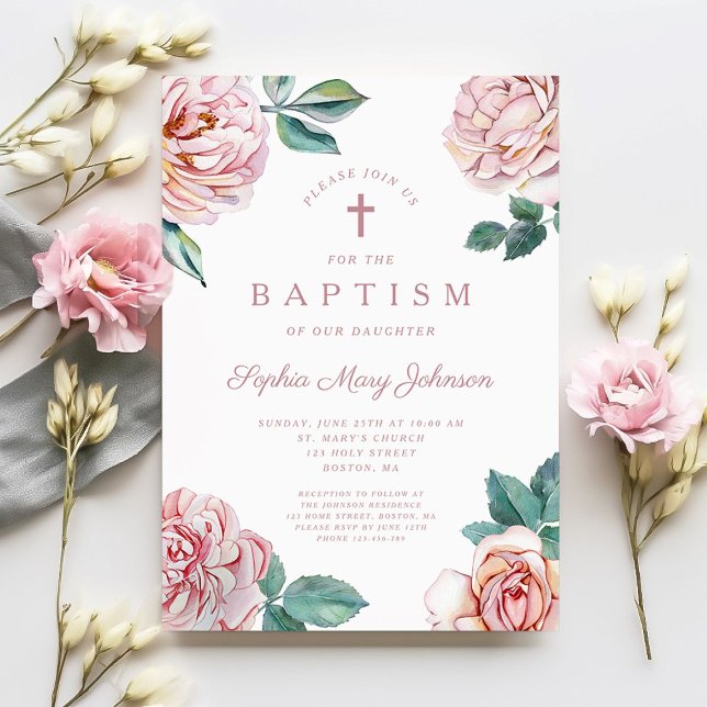 Convite Batismo Elegante Floral Religioso (Floral Peonies Religious Cross Girl Baptism Invitation)