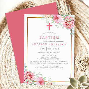 Convite Batismo Elegante Floral Rosa e Dourado com Cruz