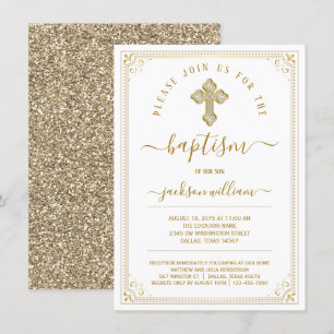 Convite Batismo Elegante Neutro em Ouro