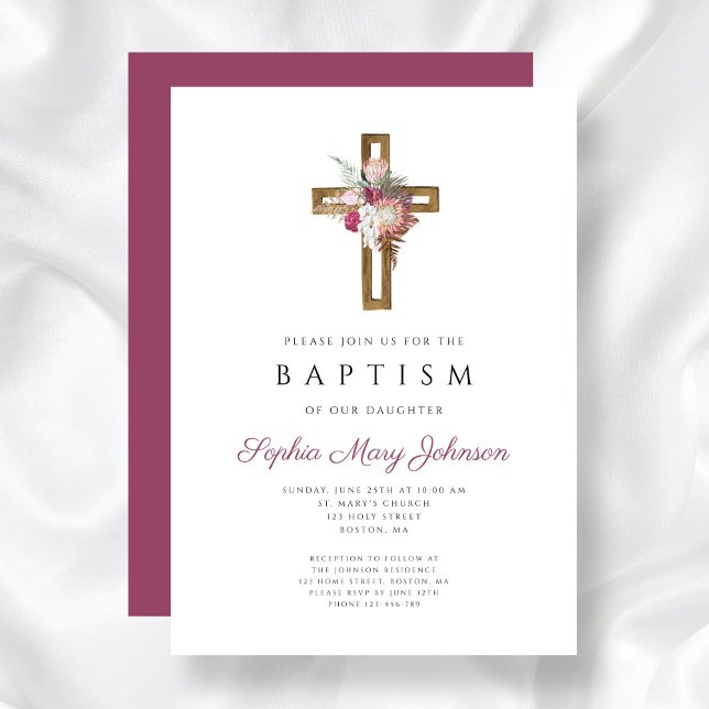 Convite Batismo Elegante Red Floral Boho Cross (Elegant Red Floral Boho Cross Baptism Invitation)