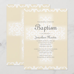 Convite Batismo Elegante White Beige Damask Cruz Cristã