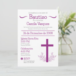 Convite Batismo em espanhol Cruz e Folhas Cute Bautizo