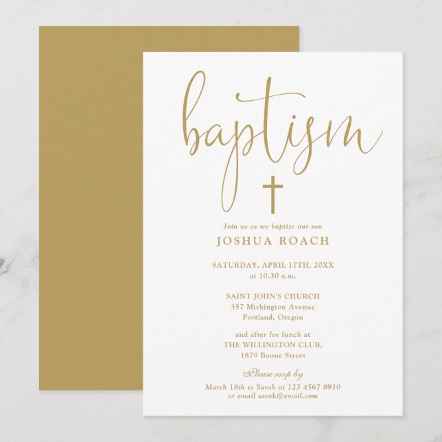Convite Batismo em Grafia Dourada Moderna e Elegante (Frente/Verso)