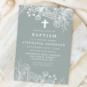 Convite Batismo em Tons de Sage e Floral Branco