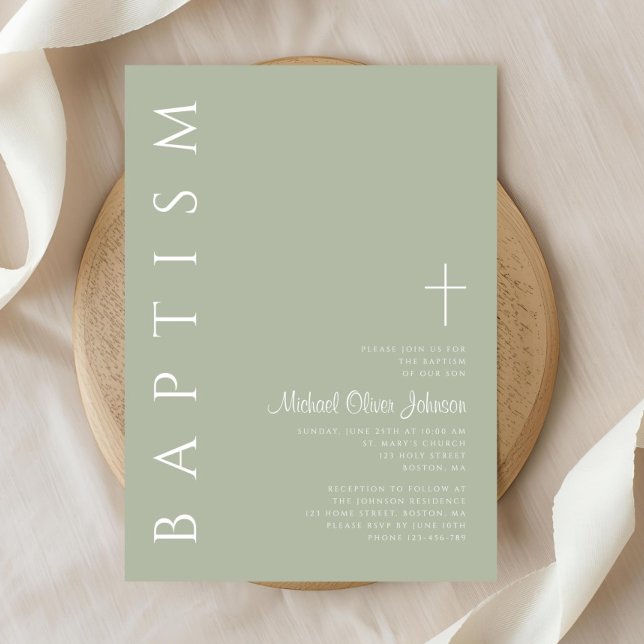 Convite Batismo em Verde Sage de Letra Moderna e Elegante (Modern Elegant Script Sage Green Baptism Invitation)