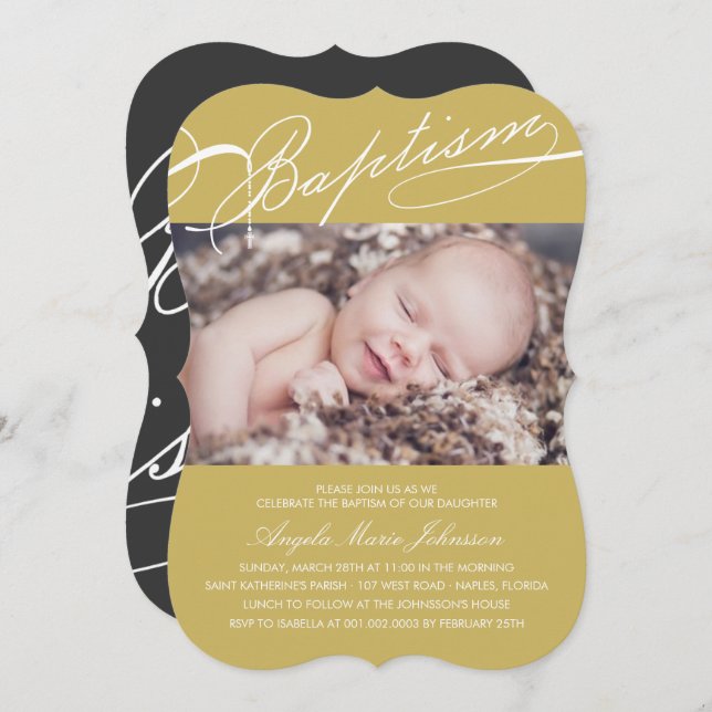 Convite Batismo escrito Rosário Foto Dourada Foto religios (Frente/Verso)