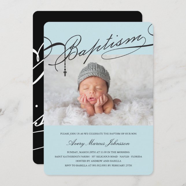 Convite Batismo Escriturado Foto Religiosa de Rosary Cross (Frente/Verso)