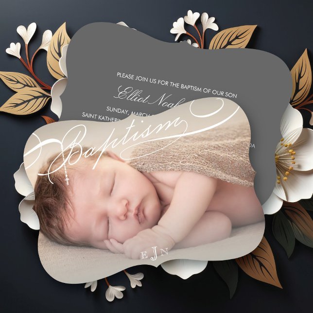 Convite Batismo Escriturado Rosário Monograma Cruzado Reli (Elegant Scripted Baptism Rosary Cross Monogram Classic Photo Religious Invitation @ fat_fa_tin)