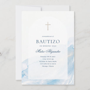 Convite Batismo Espanhol Cruz Arco Aquarela Azul