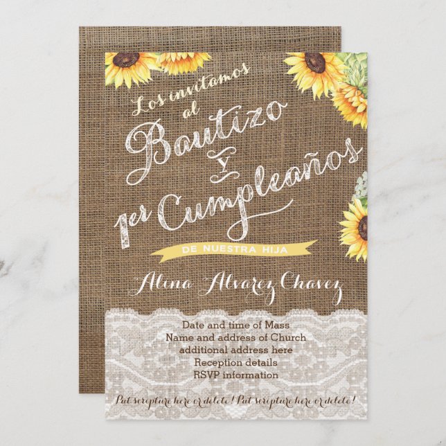 Convite Batismo Espanhol e Primeiro Aniversário para a Lat (Frente/Verso)