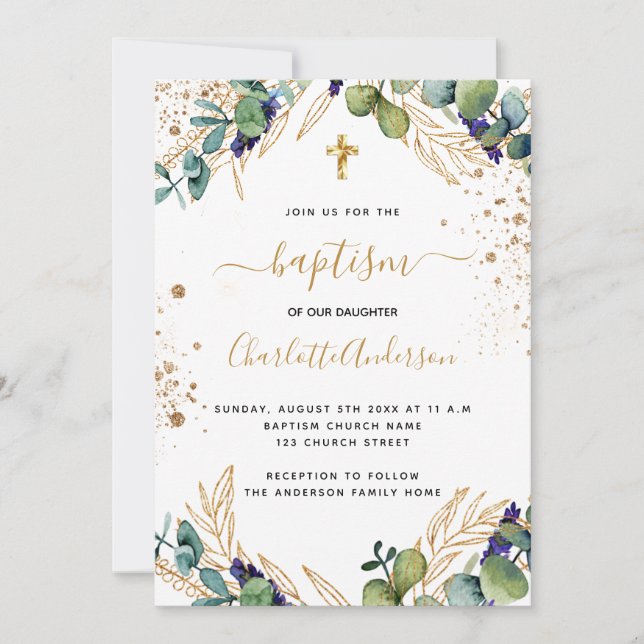 Convite Batismo eucalipto verde dourado (Frente)