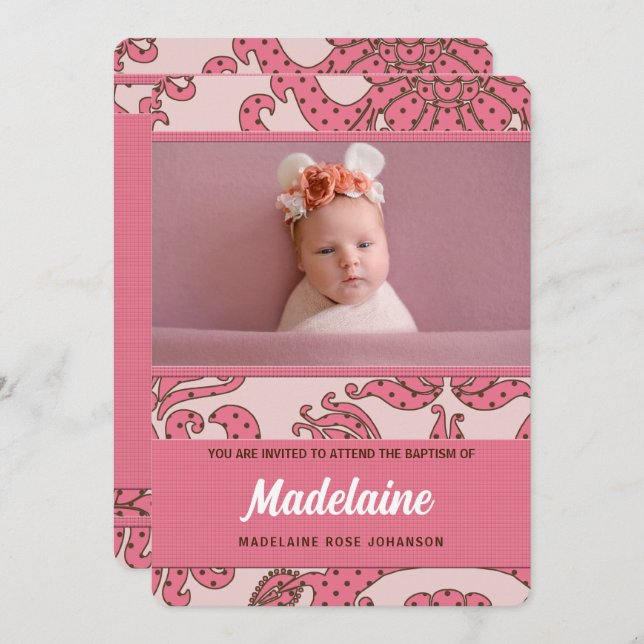 Convite Batismo feminino em rosa e marrom com foto (Frente/Verso)