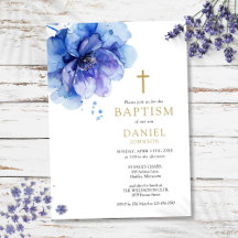 Batismo Floral Aquarela Azul Empoeirado Moderno
