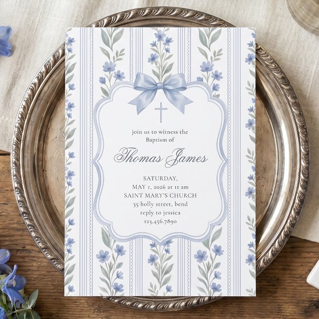 Convite Batismo Floral Azul Chinoiserie Laço Cruz (Criador carregado)