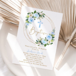 Convite Batismo Floral Azul Christening Dourado Frame