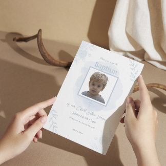 Convite Batismo Floral Azul - Clássico e Elegante