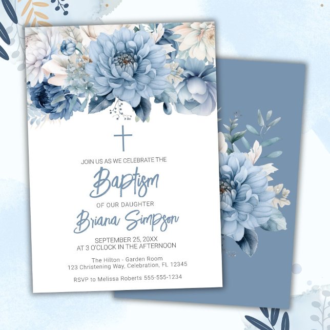 Convite Batismo Floral Azul Desbotado (Criador carregado)