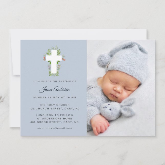 Convite Batismo Floral Azul e Branco (Frente)