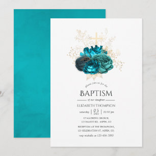 Convite Batismo Floral Azul e Dourado