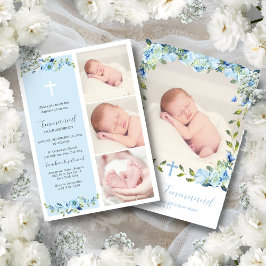 Convite Batismo Floral Azul Multifoto para Meninos