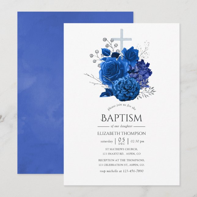 Convite Batismo Floral Azul Real e Prata (Frente/Verso)