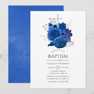 Convite Batismo Floral Azul Real e Prata