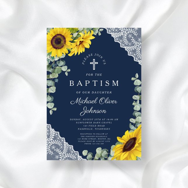 Convite Batismo Floral Blue Marinho Elegante (Elegant Navy Blue Floral Cross Boy Baptism Invitation)