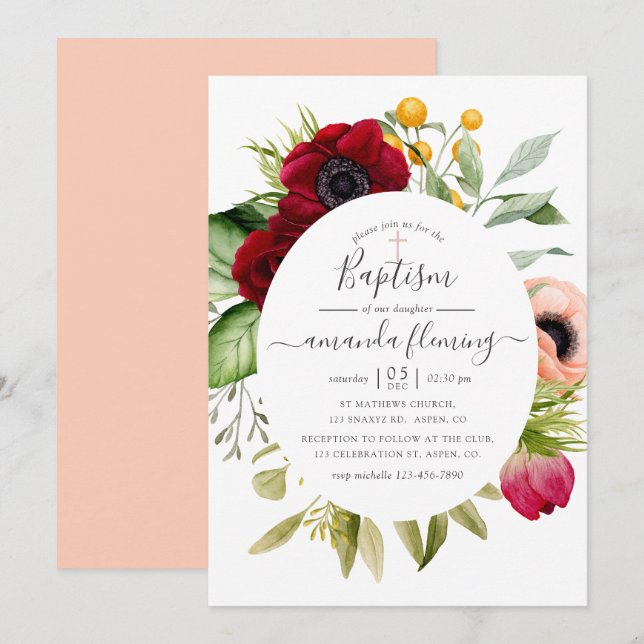 Convite Batismo Floral Boho com Aquarela (Frente/Verso)