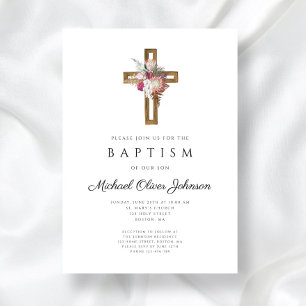 Convite Batismo Floral Boho Cross Elegante