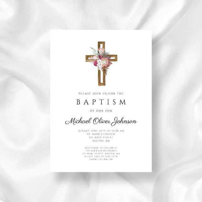 Convite Batismo Floral Boho Cross Elegante (Elegant Floral Boho Cross Baptism Invitation)