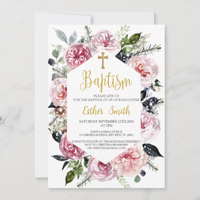 Convite Batismo Floral Bonito e Elegante (Frente)