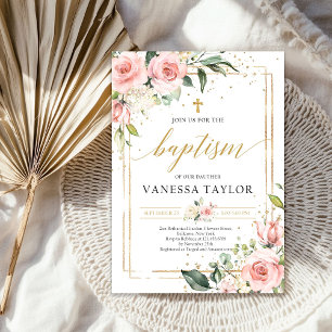 Convite Batismo floral branco boêmico cor-de-rosa