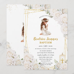 Convite Batismo Floral Branco Criando Garota Oradora
