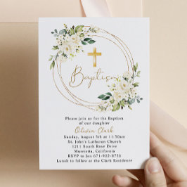 Convite Batismo Floral Branco Criando Quadro Dourado