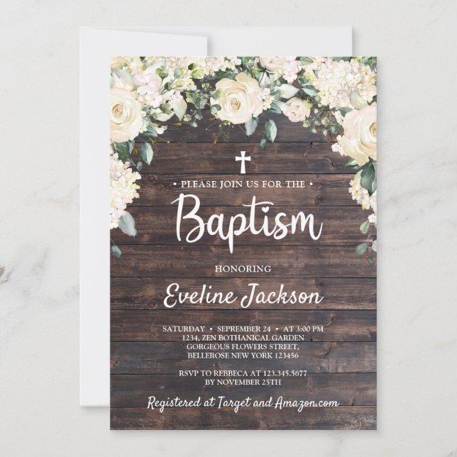 Convite Batismo floral branco-floral rústico da madeira (Frente)