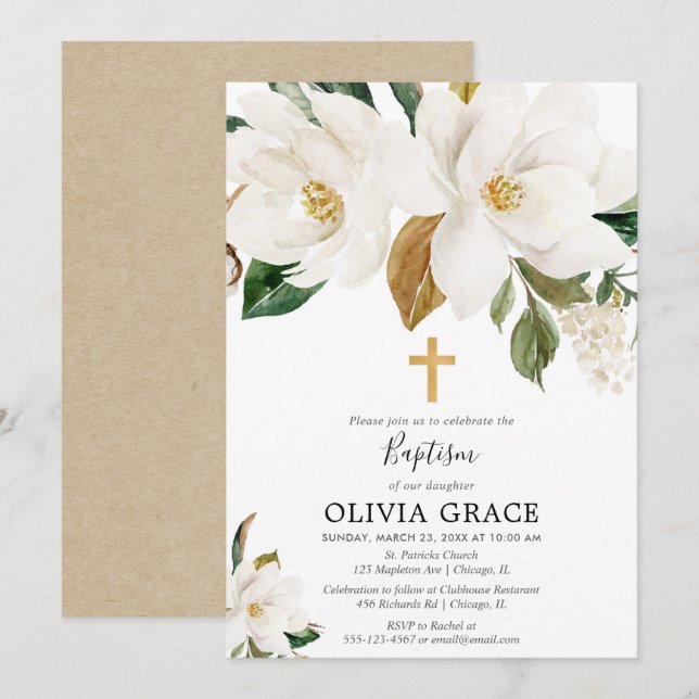 Convite Batismo floral branco-russo magnólia verde (Frente/Verso)