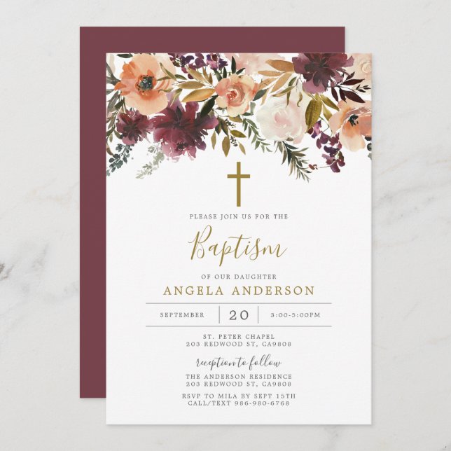 Convite Batismo Floral Burgundy/Convite Christening (Frente/Verso)