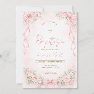 Convite Batismo Floral com Laço Rosa para Menina