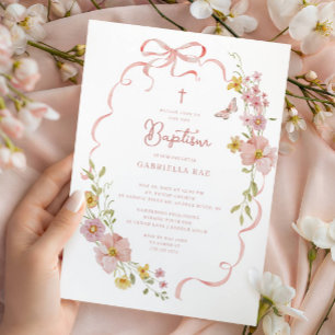 Convite Batismo Floral com Laço Rosado