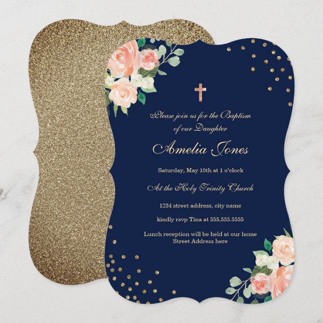 Convite Batismo Floral Confetti Dourado marinho (Frente/Verso)