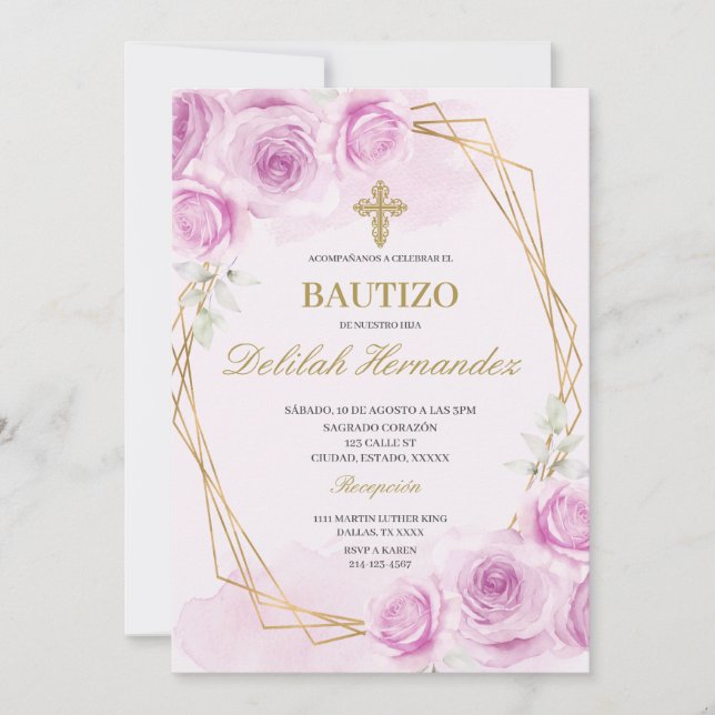 Convite Batismo floral cor-de-rosa branco espanhol (Frente)