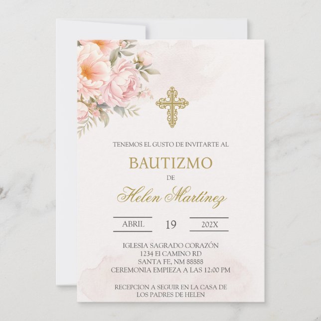 Convite Batismo floral corajoso espanhol (Frente)
