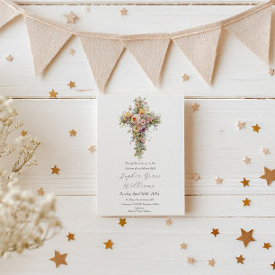 Convite Batismo Floral Cross Elegante