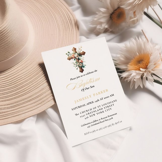 Convite Batismo Floral Cruzado Elegante (Criador carregado)