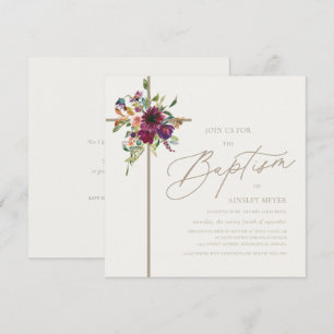 Convite Batismo Floral da Cruz Floral de Marfim Suave