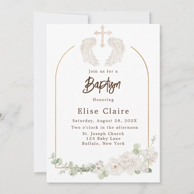 Convite Batismo Floral das Asas Cruzadas da Igreja ouro (Frente)